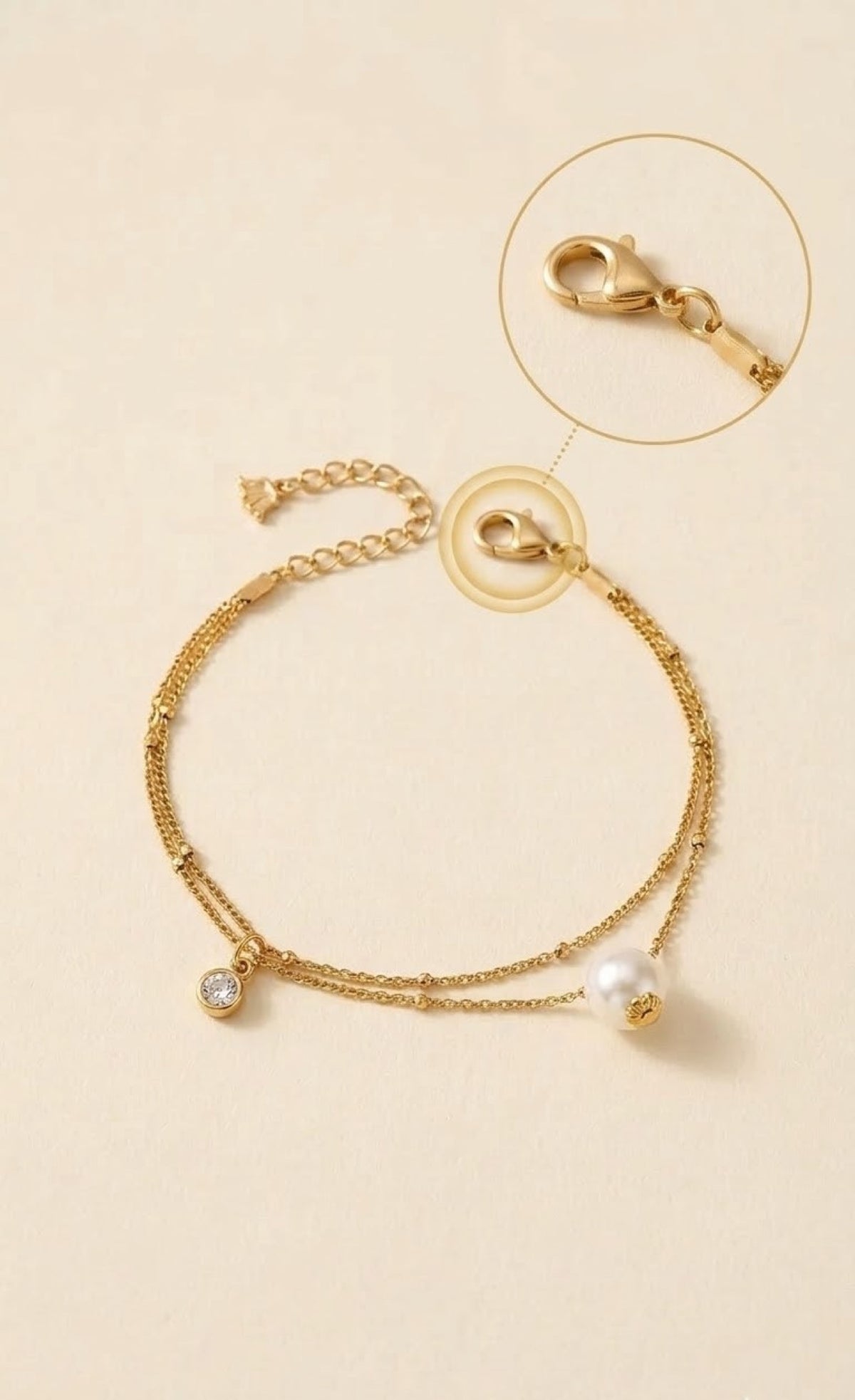 Gold-tone layered anklet with faux pearl drop and crystal charm - view 2