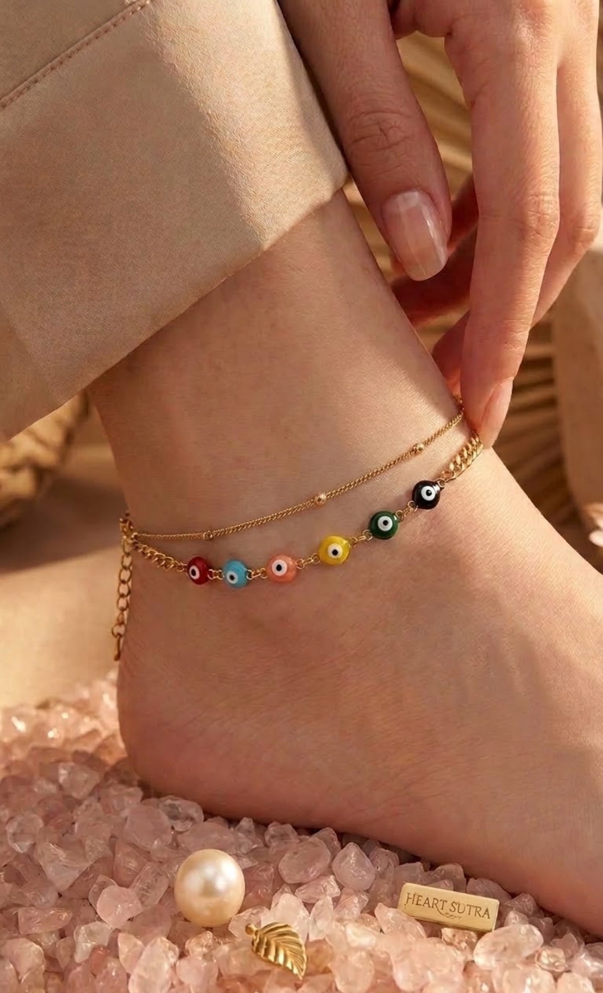 Gold-tone layered anklet with multicolour enamel evil eye beads