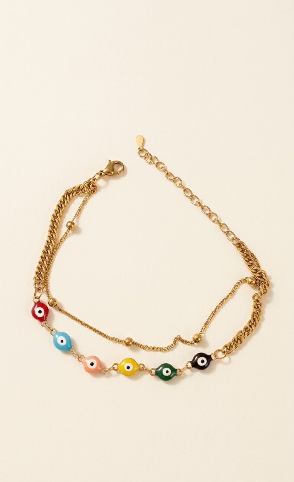 Gold-tone layered anklet with multicolour enamel evil eye beads - view 2