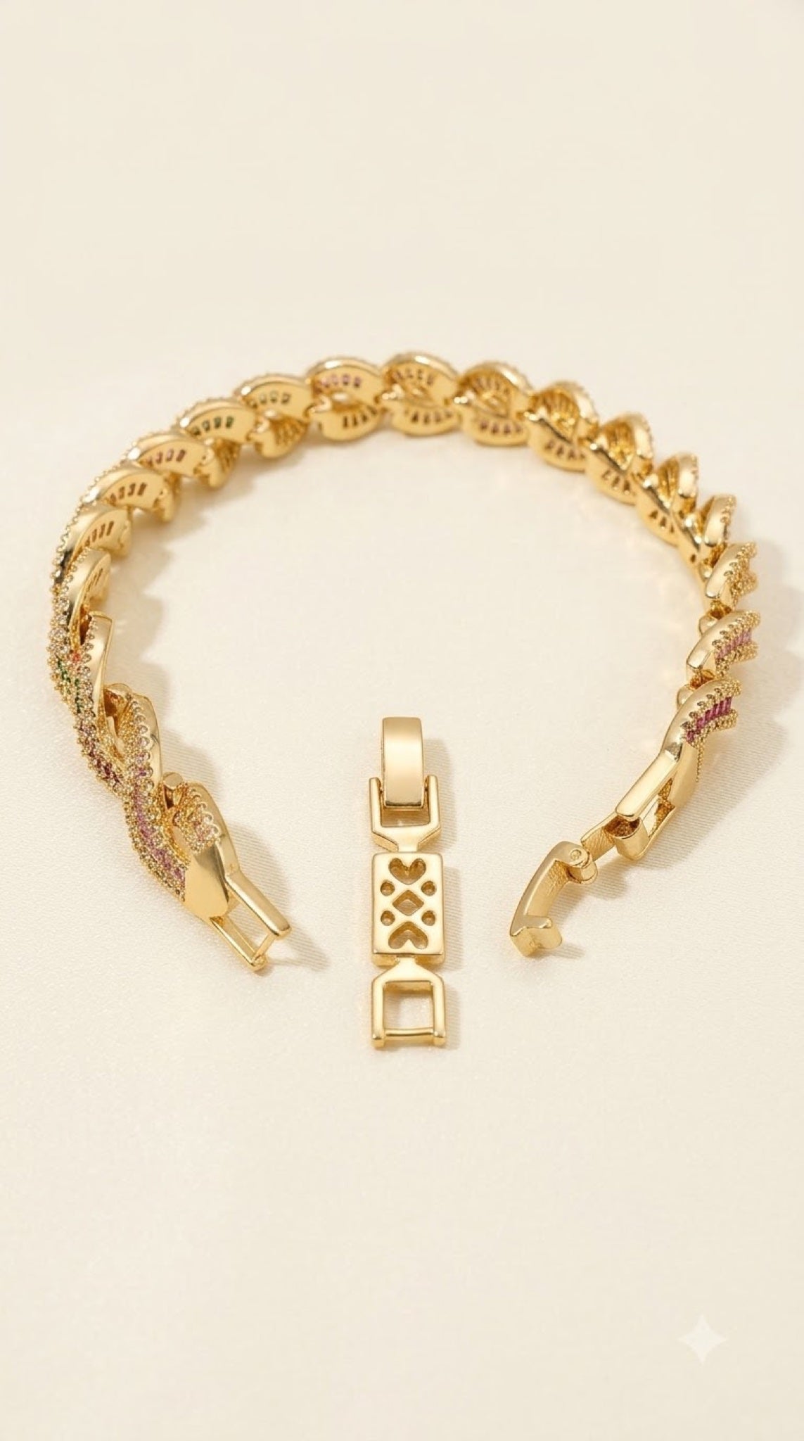Gold-tone twisted rope bracelet with pink and green crystals - view 2