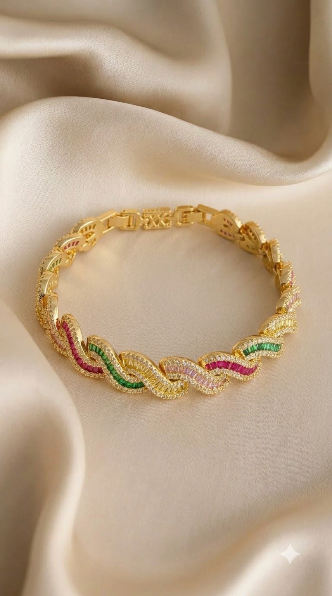 Gold-tone twisted rope bracelet with pink and green crystals - view 3