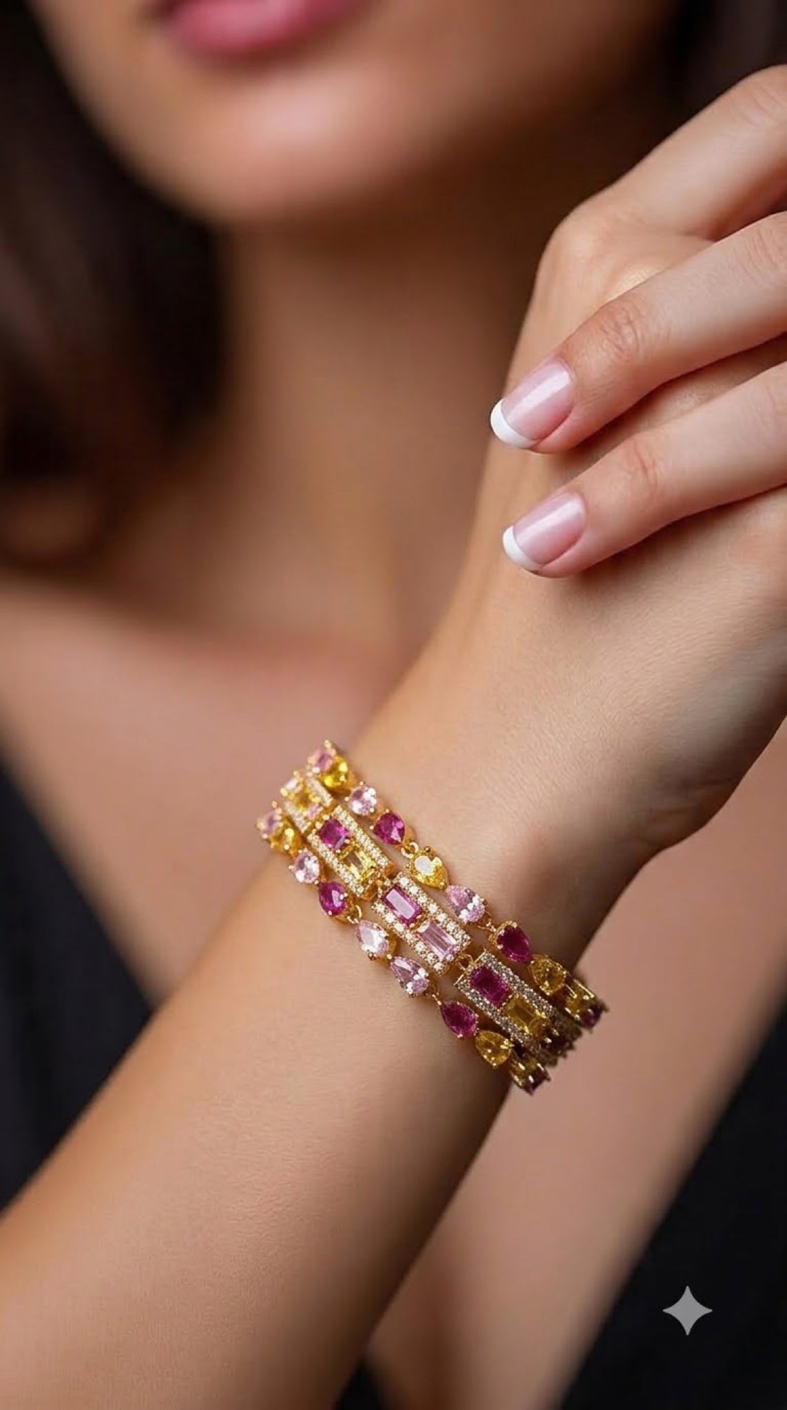 Gold-tone Art Deco bracelet with yellow and pink stones