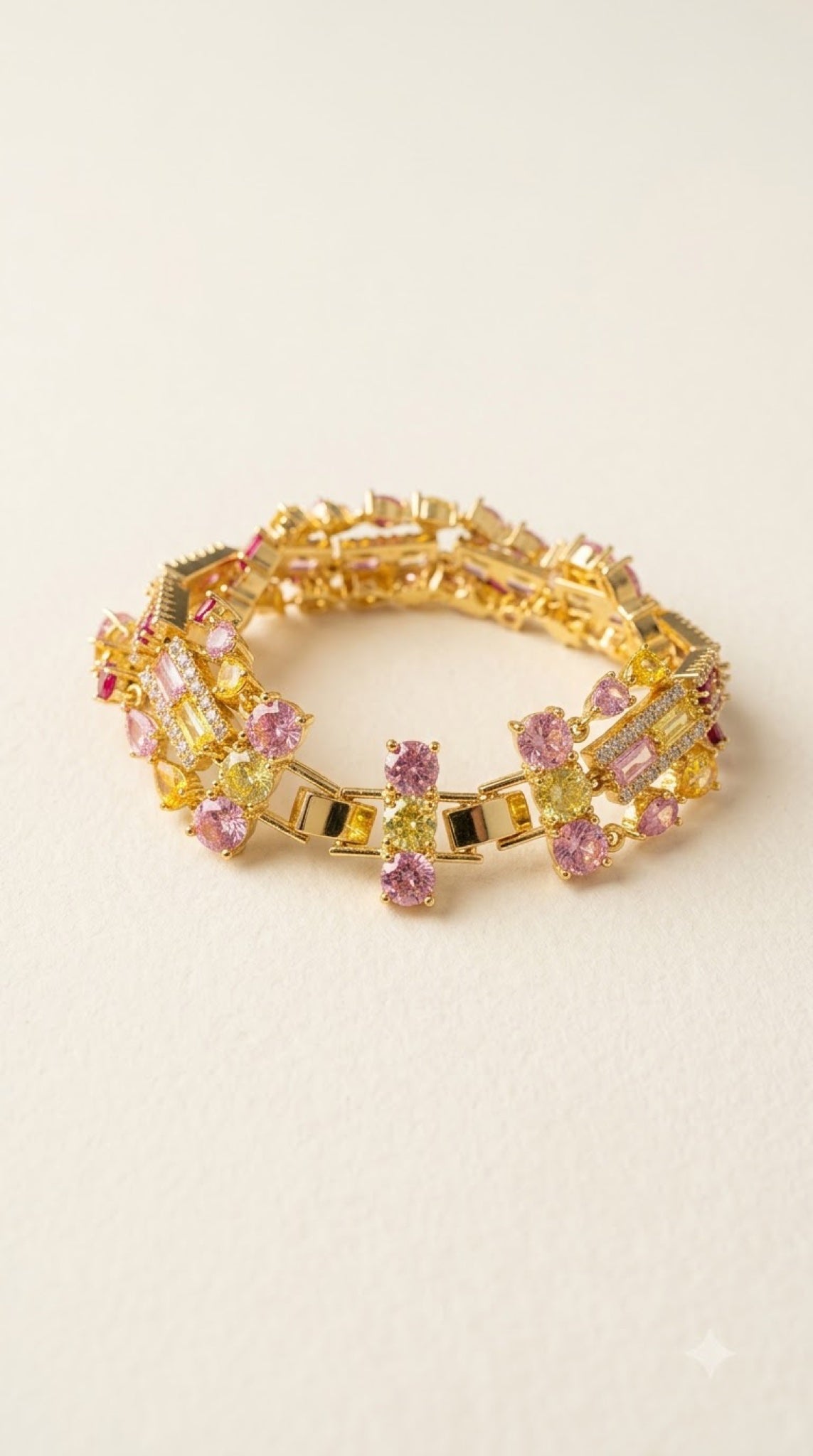 Gold-tone Art Deco bracelet with yellow and pink stones - view 2