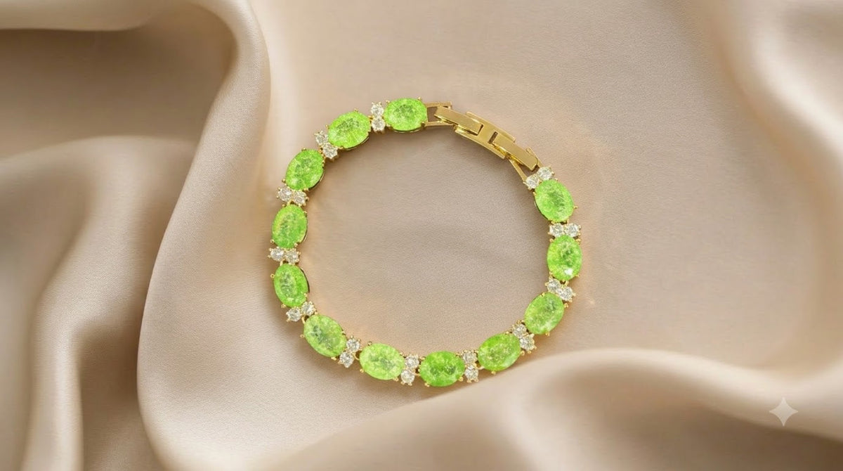 Gold-tone tennis bracelet with lime-green oval stones - view 2