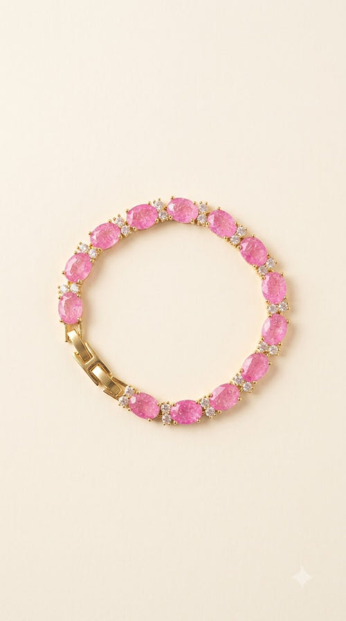 Gold-tone tennis bracelet with pink oval stones - view 2
