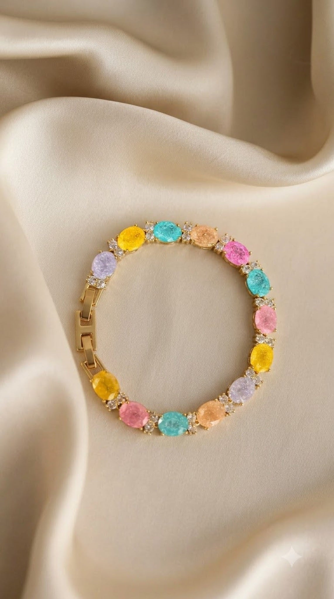 Gold-tone tennis bracelet with pastel multicoloured oval stones - view 2