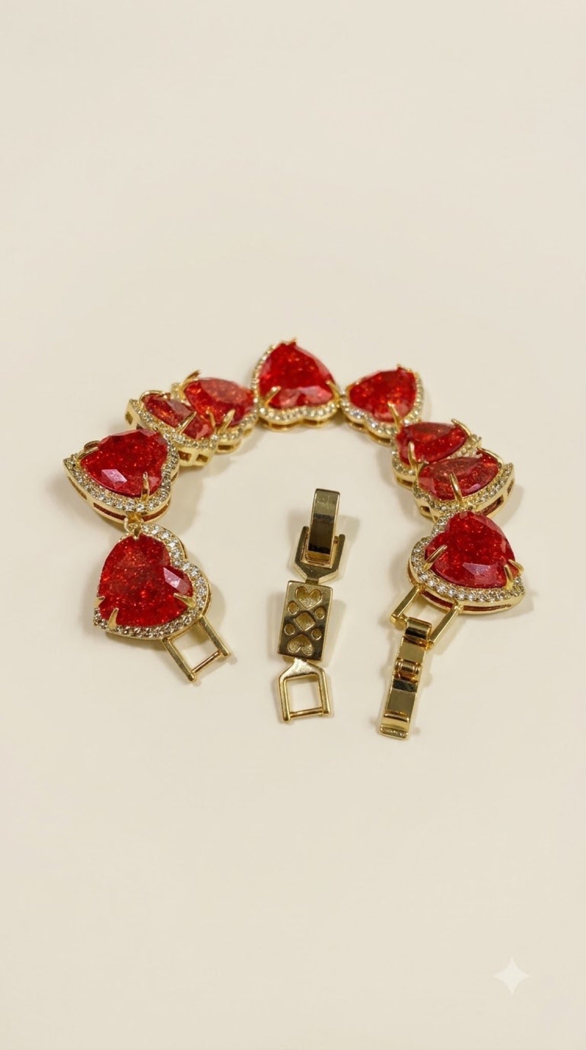 Gold-tone bracelet of red heart stones with crystal halos - view 3