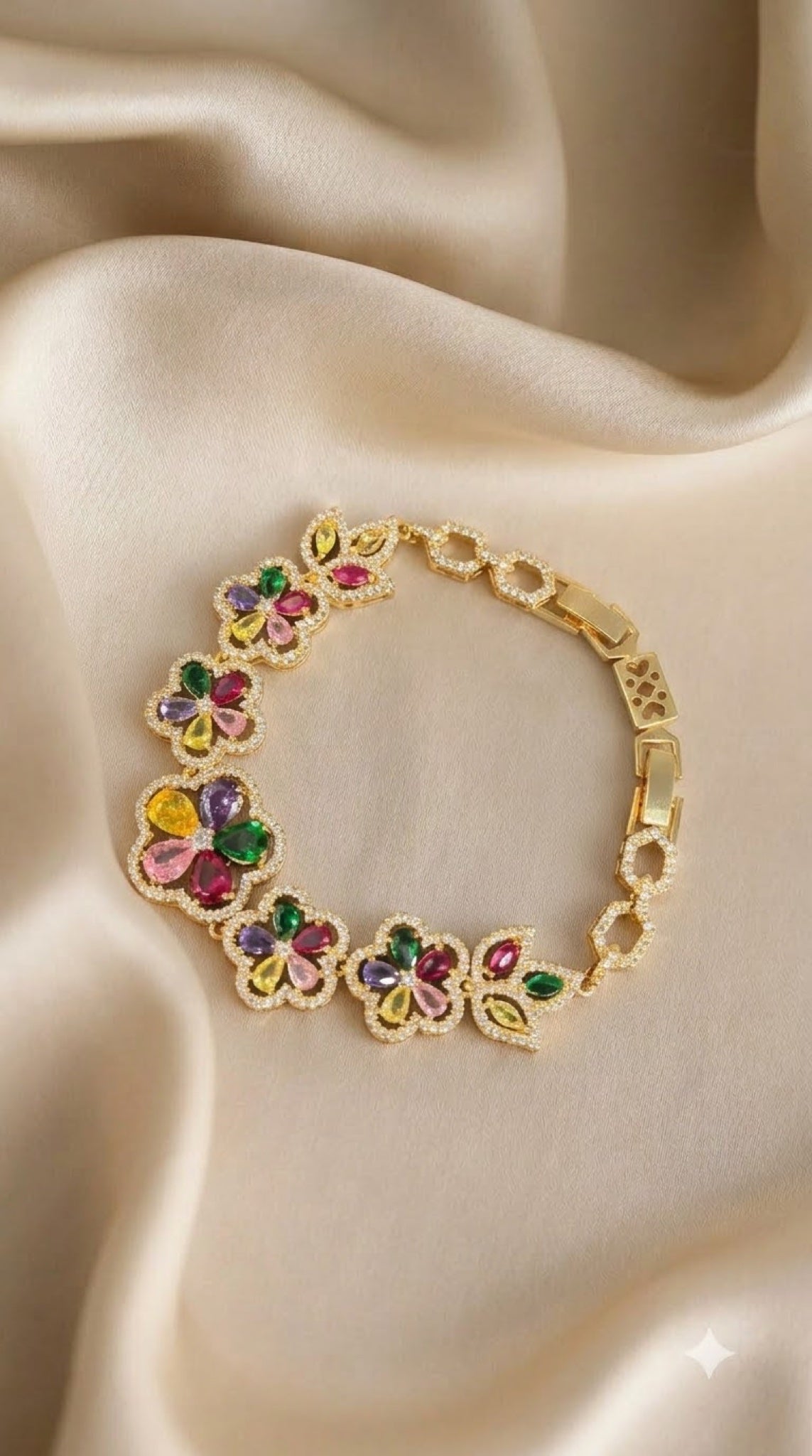 Gold-tone floral bracelet with multicoloured crystal blossoms - view 2