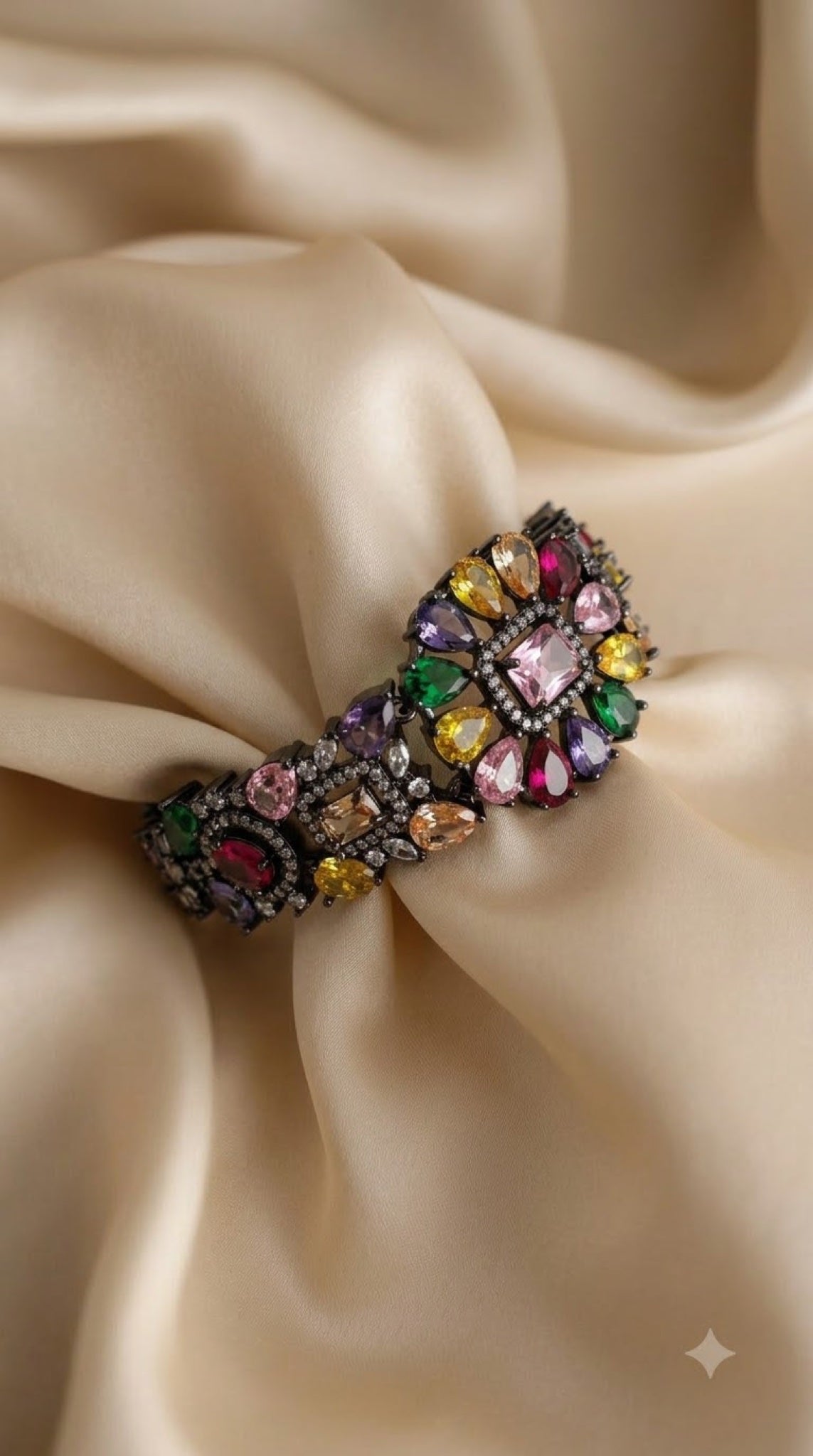 Gunmetal statement bracelet with multicoloured stones - view 2