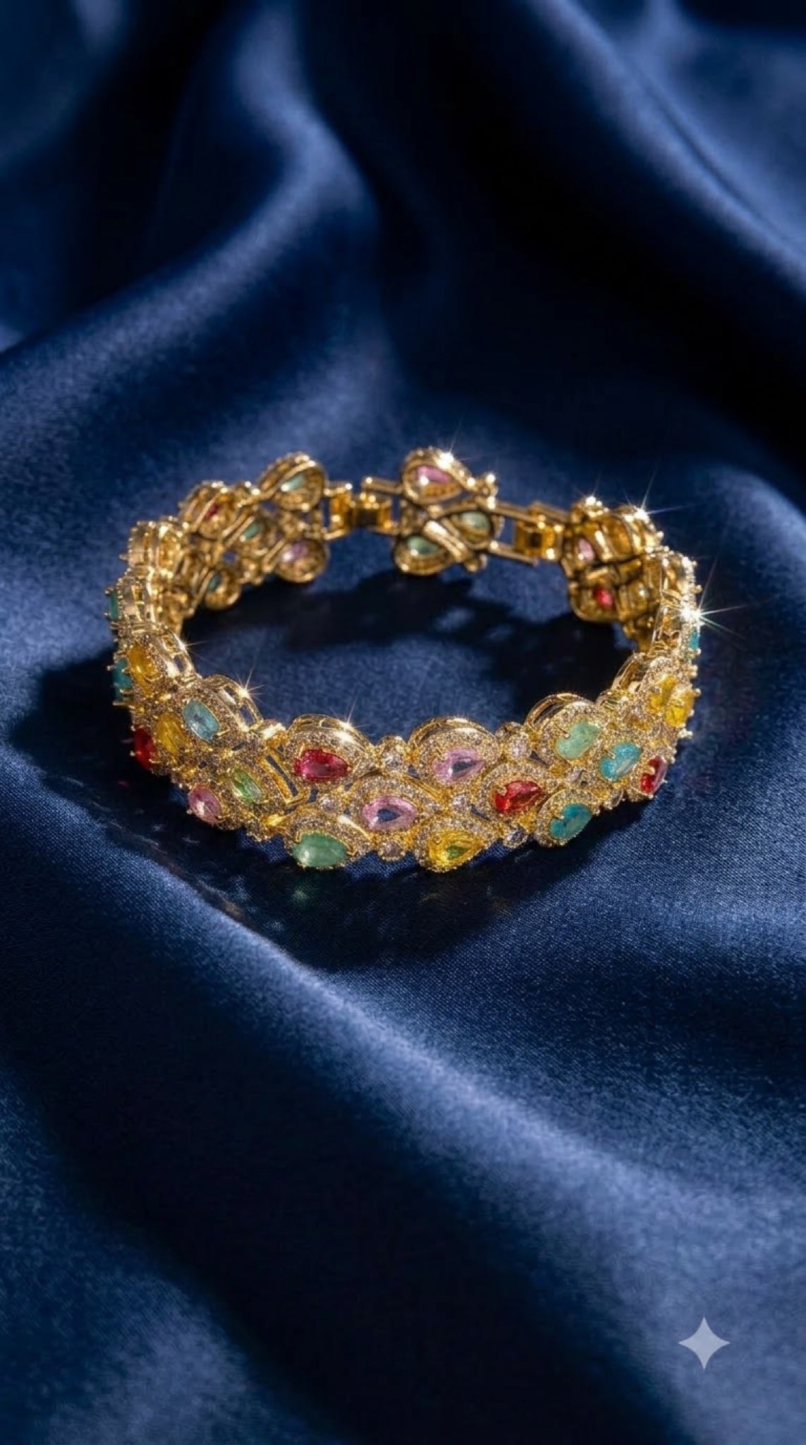 Wide gold-tone bracelet with multicoloured oval and pear stones - view 2