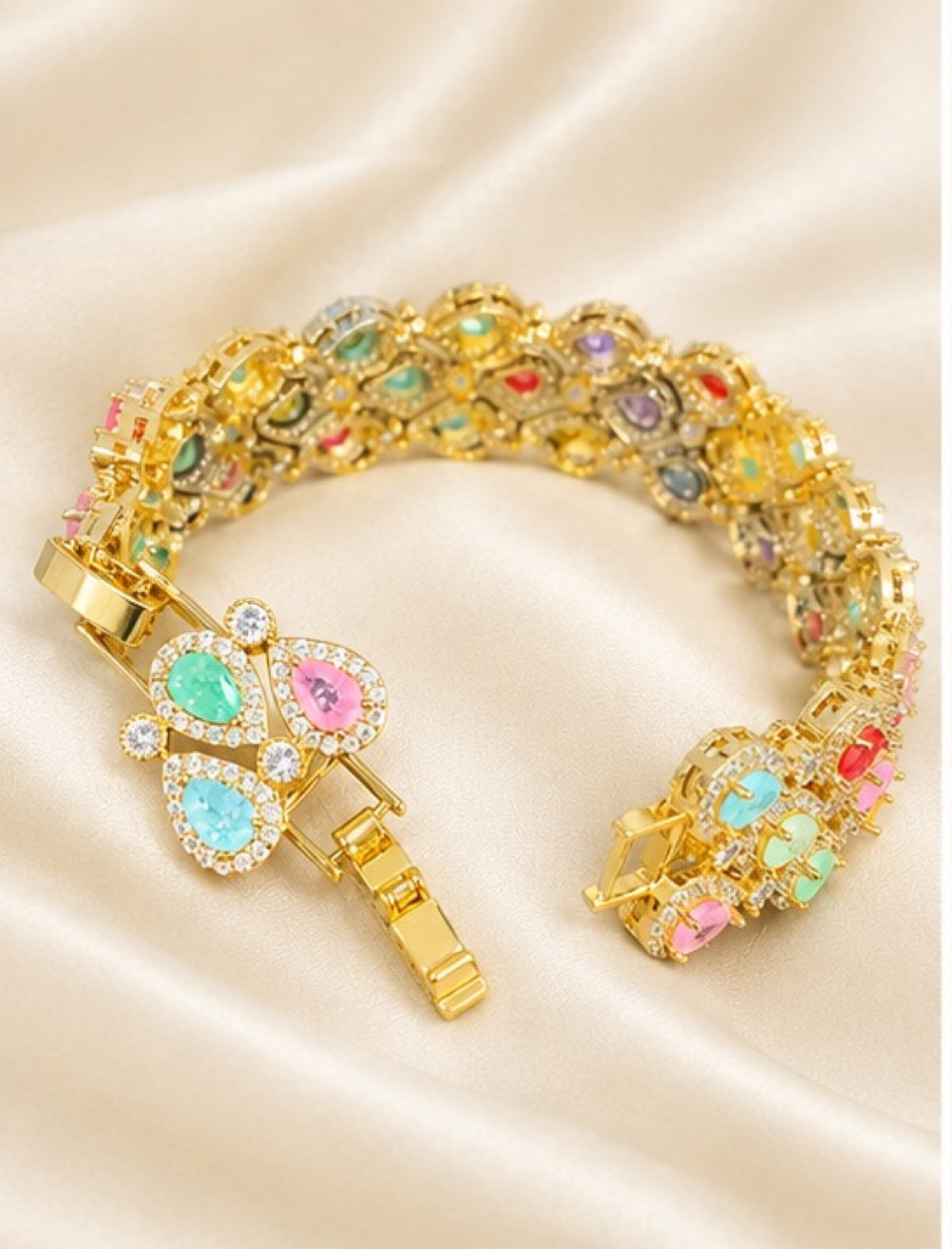 Wide gold-tone bracelet with multicoloured oval and pear stones - view 3