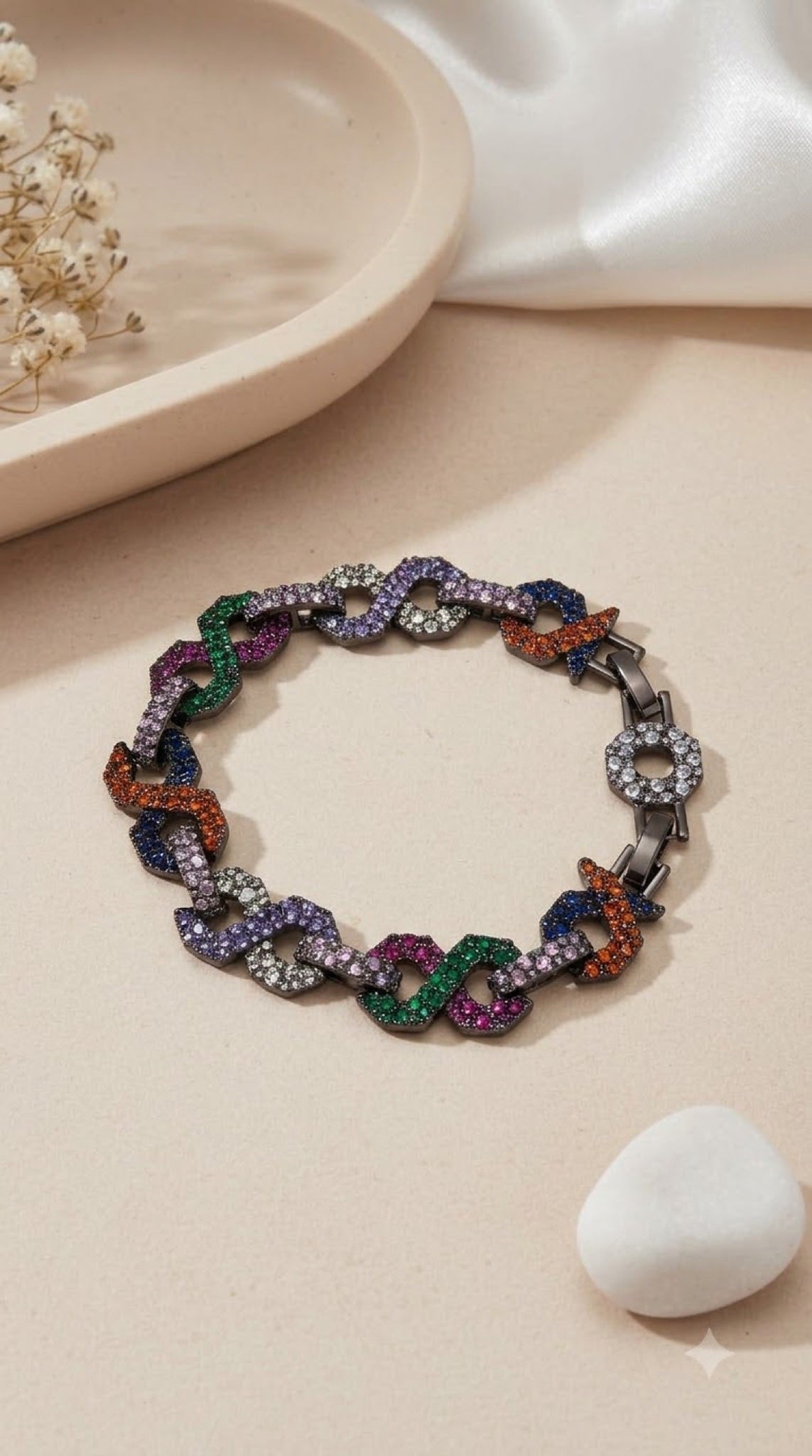 Gunmetal link bracelet paved in multicoloured crystals - view 2