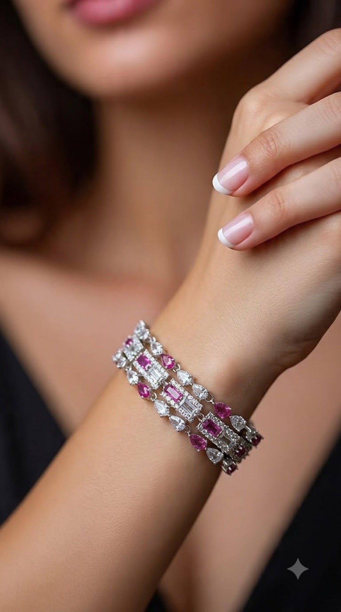 Silver-tone Art Deco bracelet with clear crystals and pink stones