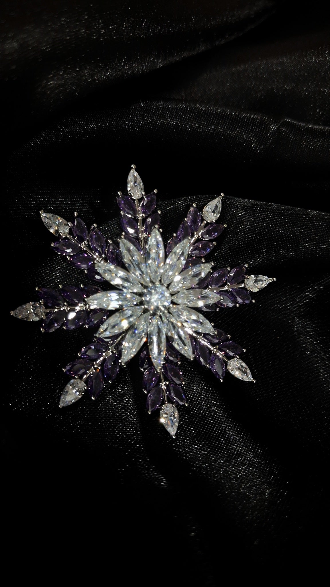 Silver-tone starburst brooch with clear and purple marquise crystals - view 3