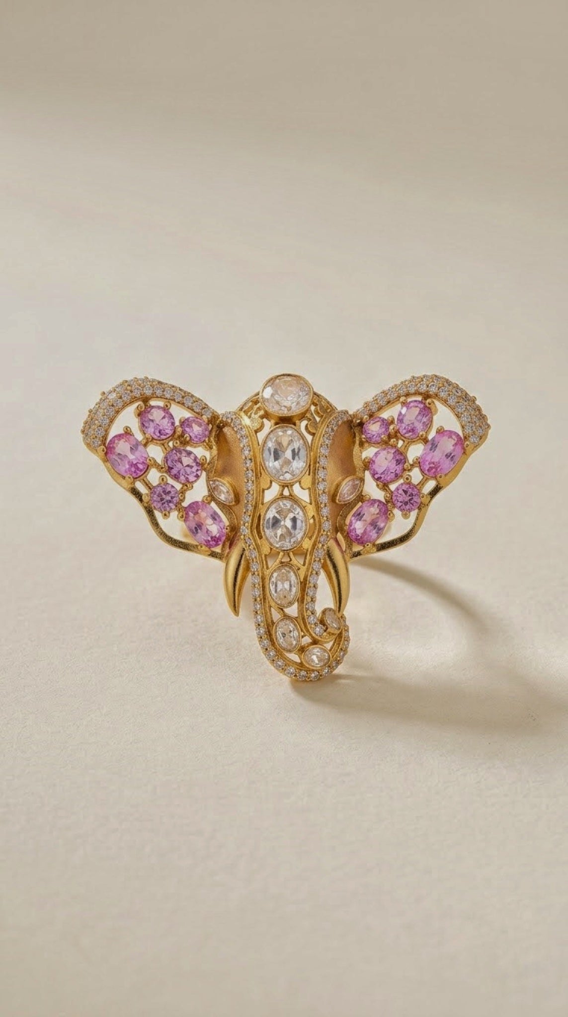 Gold-tone elephant head brooch with pink stones and polki-look centre - view 2