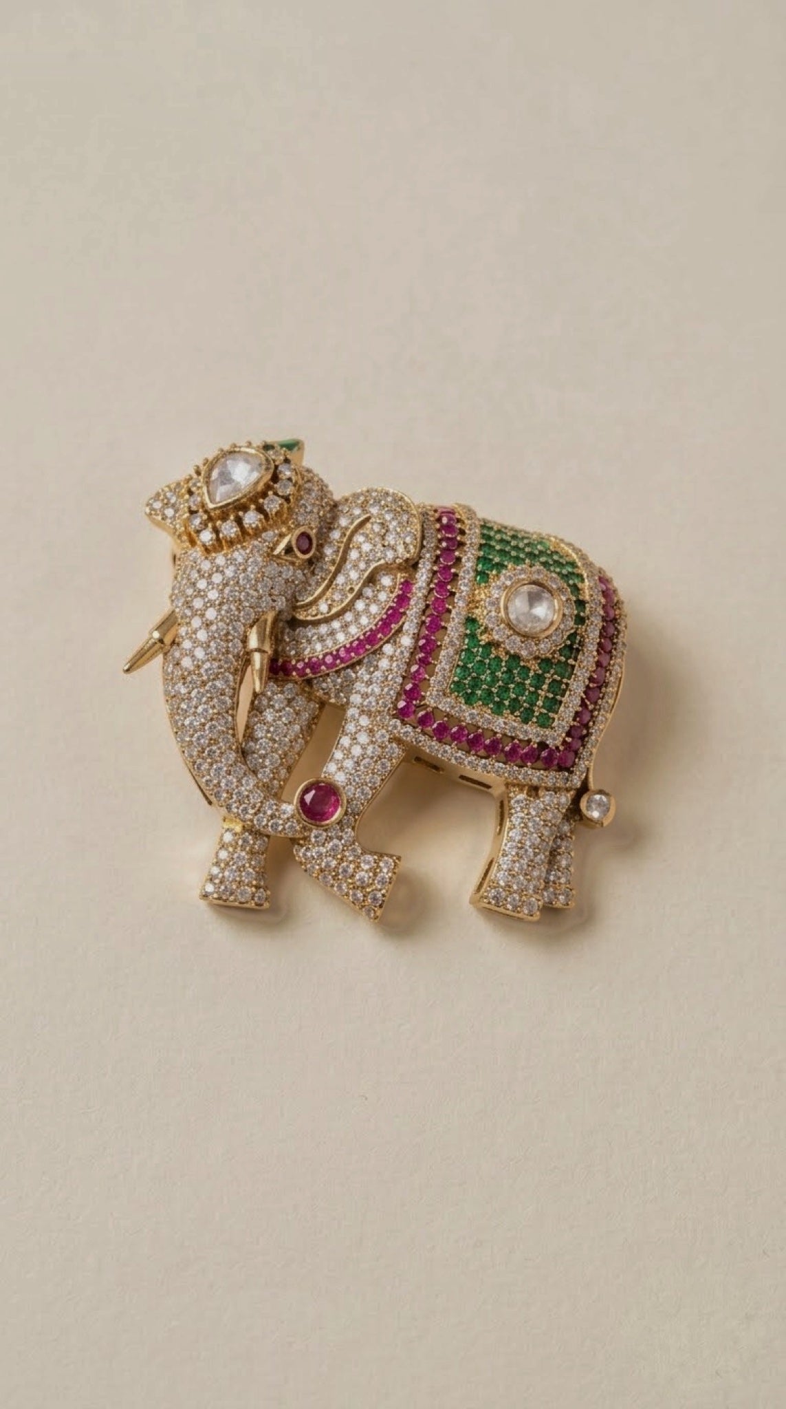 Gold-tone elephant brooch with crystal pavé and green and red stone blanket - view 2