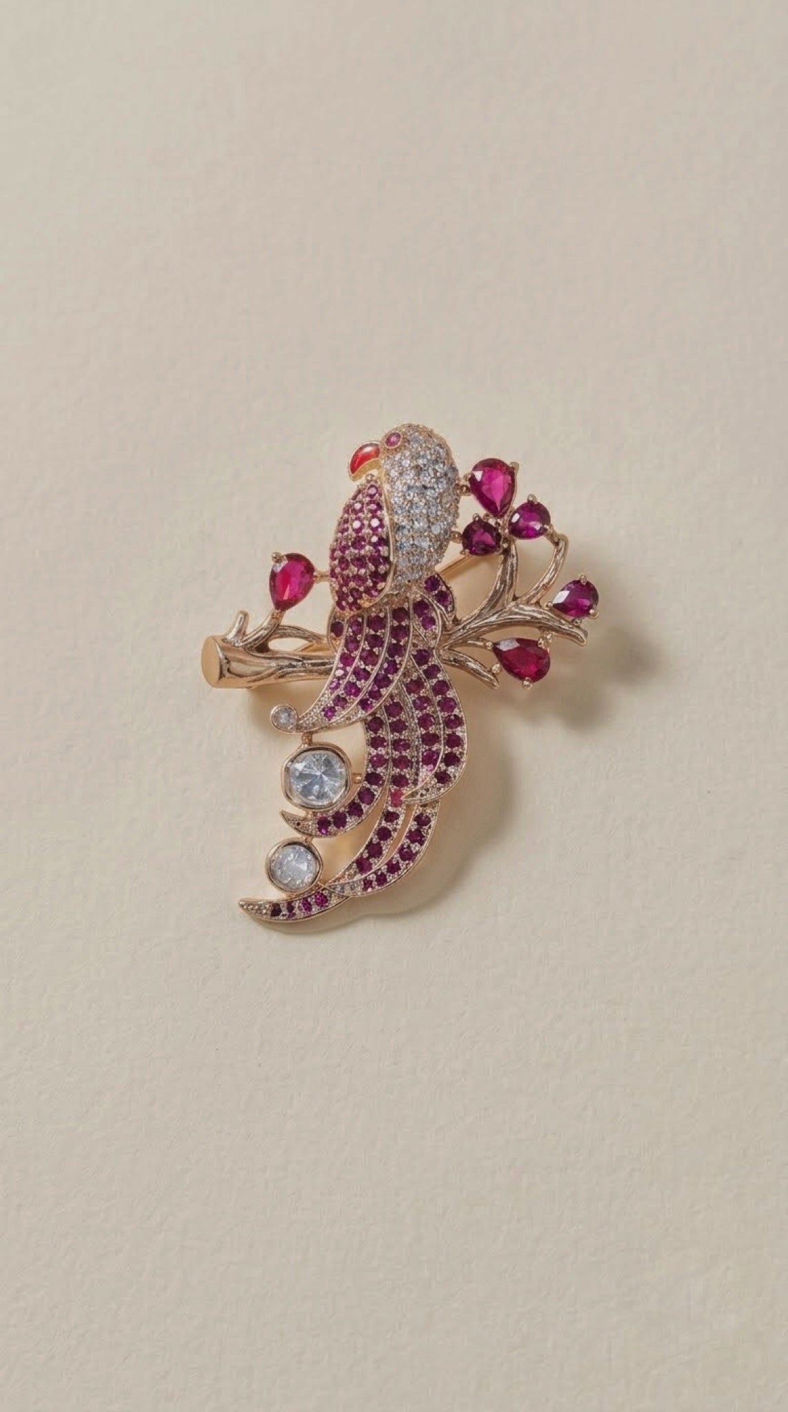 Rose gold-tone parrot brooch with ruby-pink stones and crystals - view 2