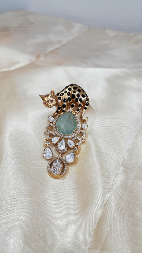 Gold-tone leopard brooch with aqua stone and polki-look stones - view 2