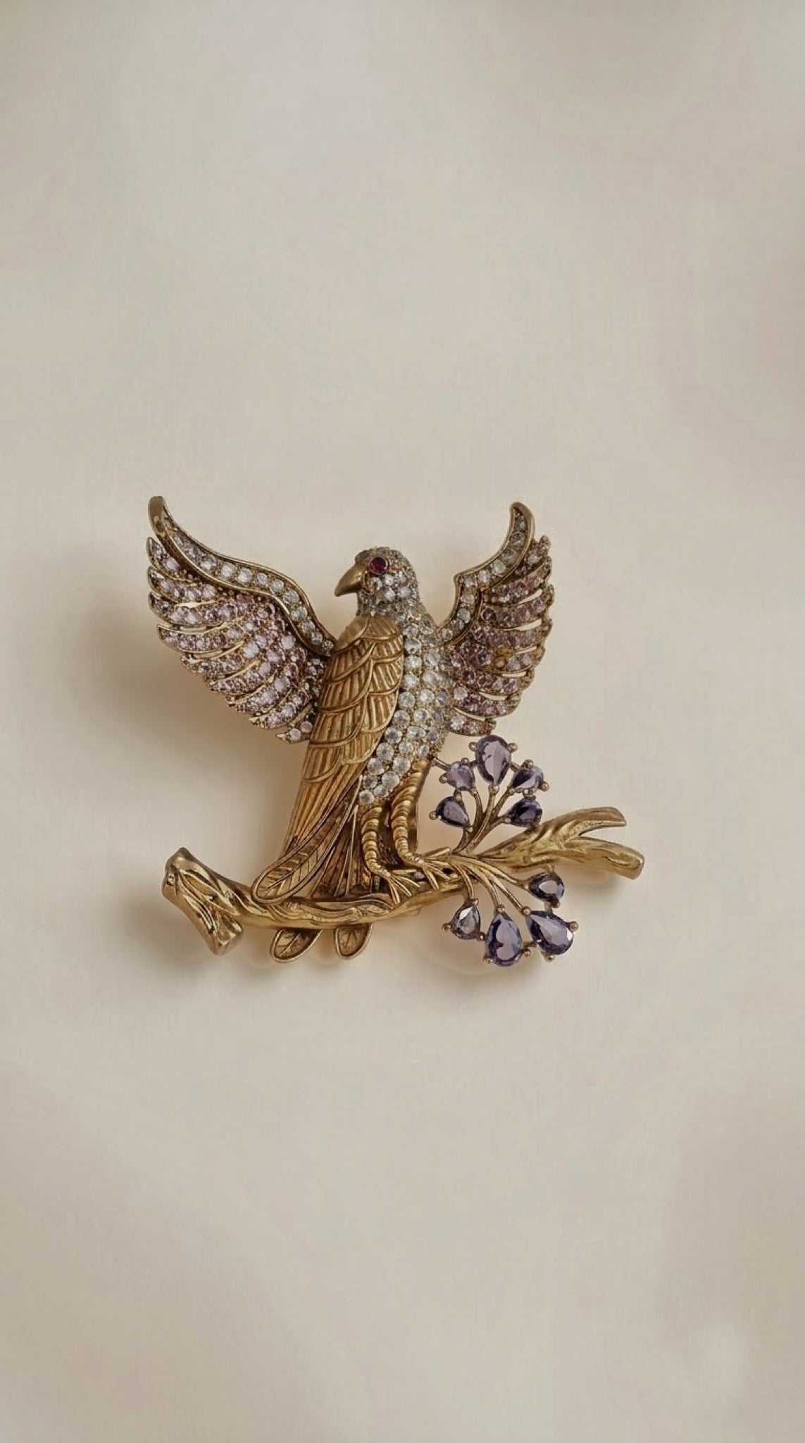 Gold-tone eagle brooch with crystal wings on a branch with lilac stones - view 2
