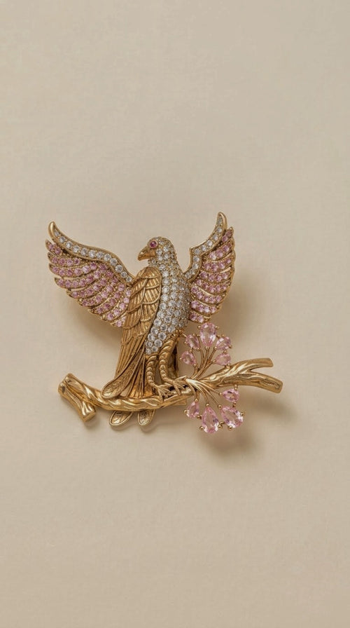 Gold-tone eagle brooch with pink crystal wings and pink teardrop stones - view 2