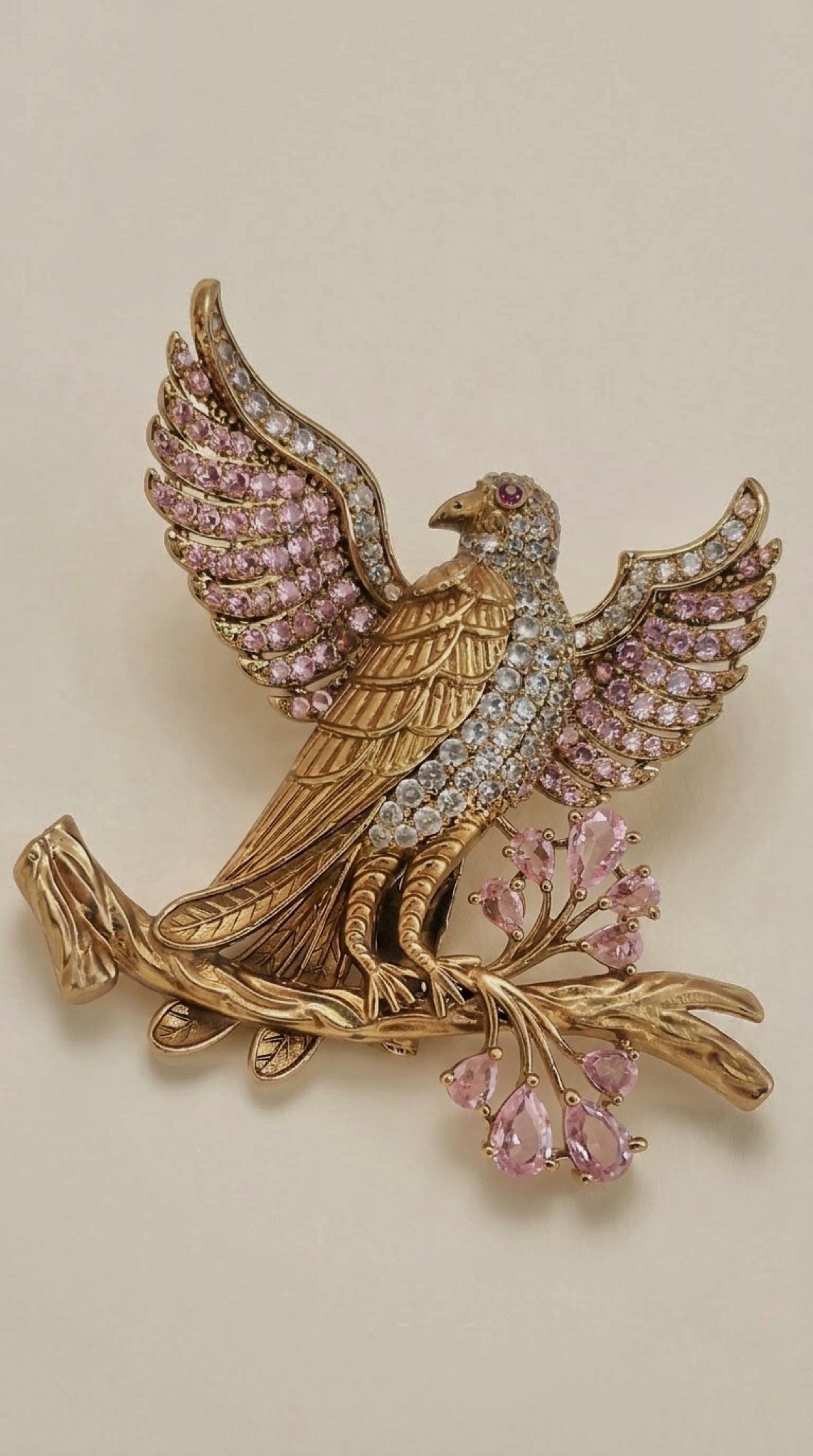 Gold-tone eagle brooch with pink crystal wings and pink teardrop stones - view 3
