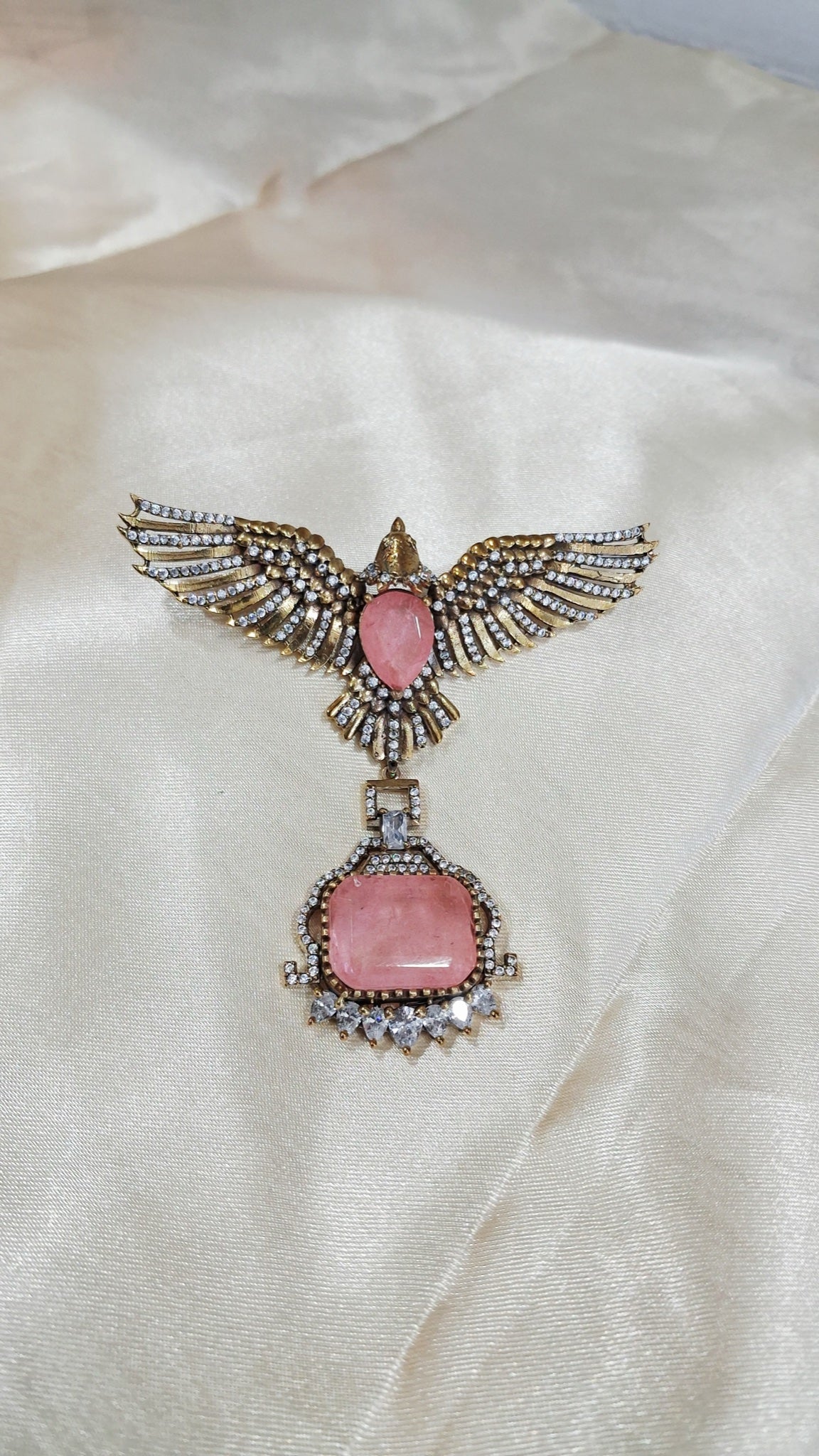 Antique gold-tone winged brooch with pink stone drop - view 2