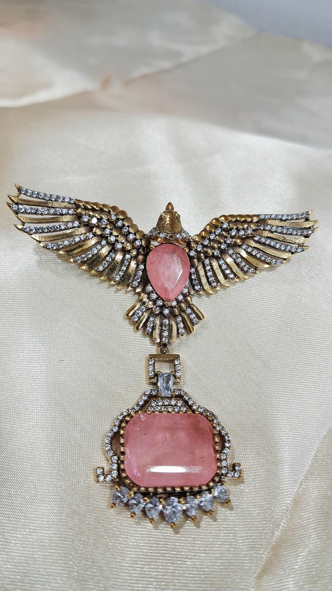 Antique gold-tone winged brooch with pink stone drop - view 3