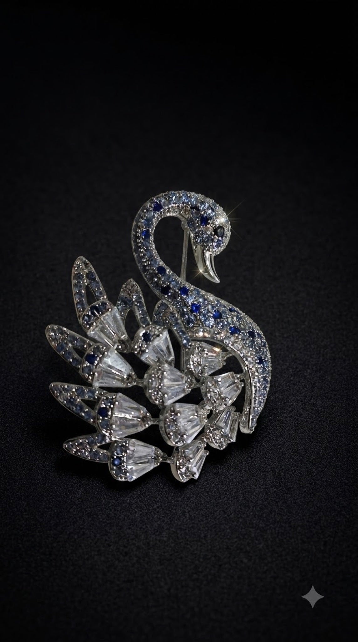 Silver-tone swan brooch with blue stones and clear crystal wings - view 2