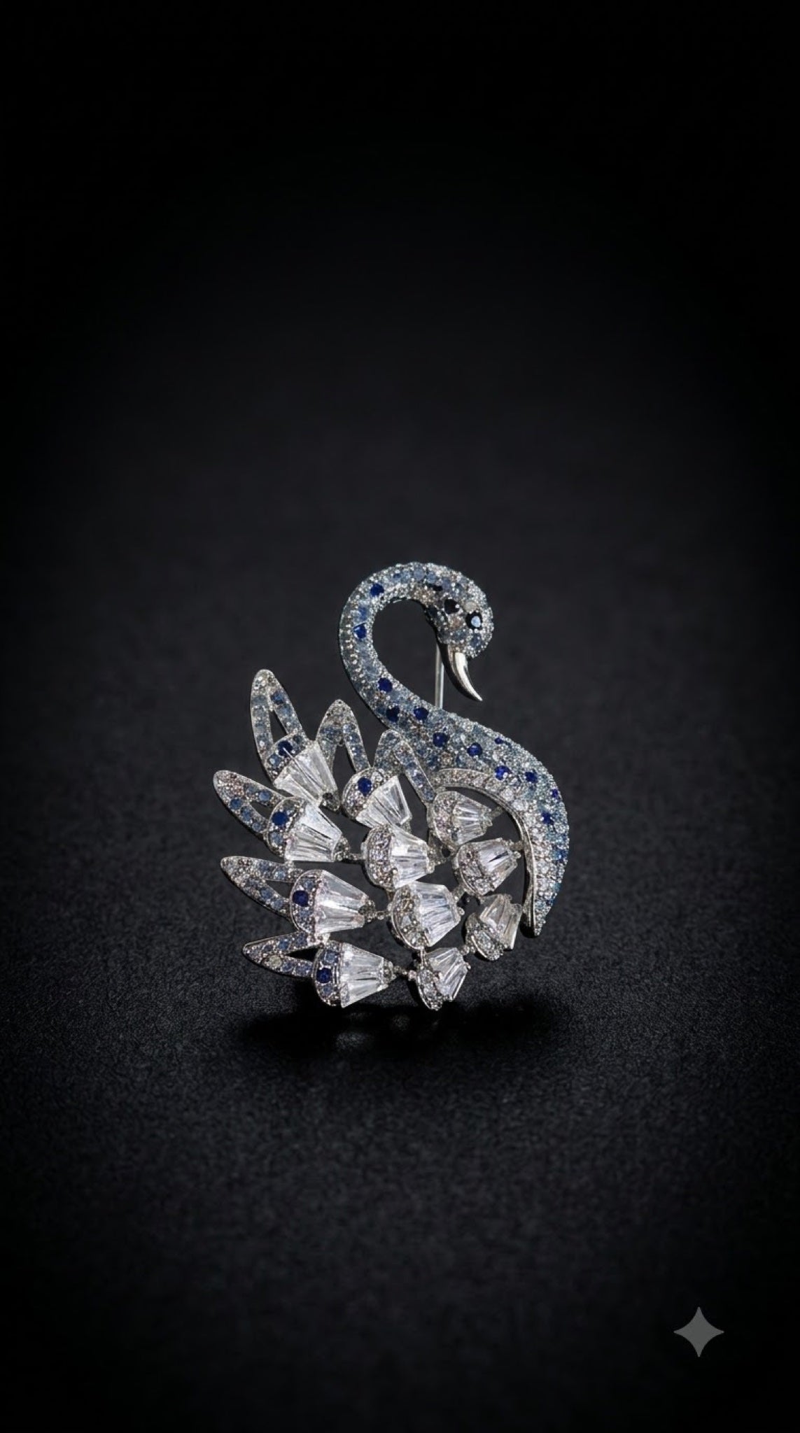 Silver-tone swan brooch with blue stones and clear crystal wings - view 3