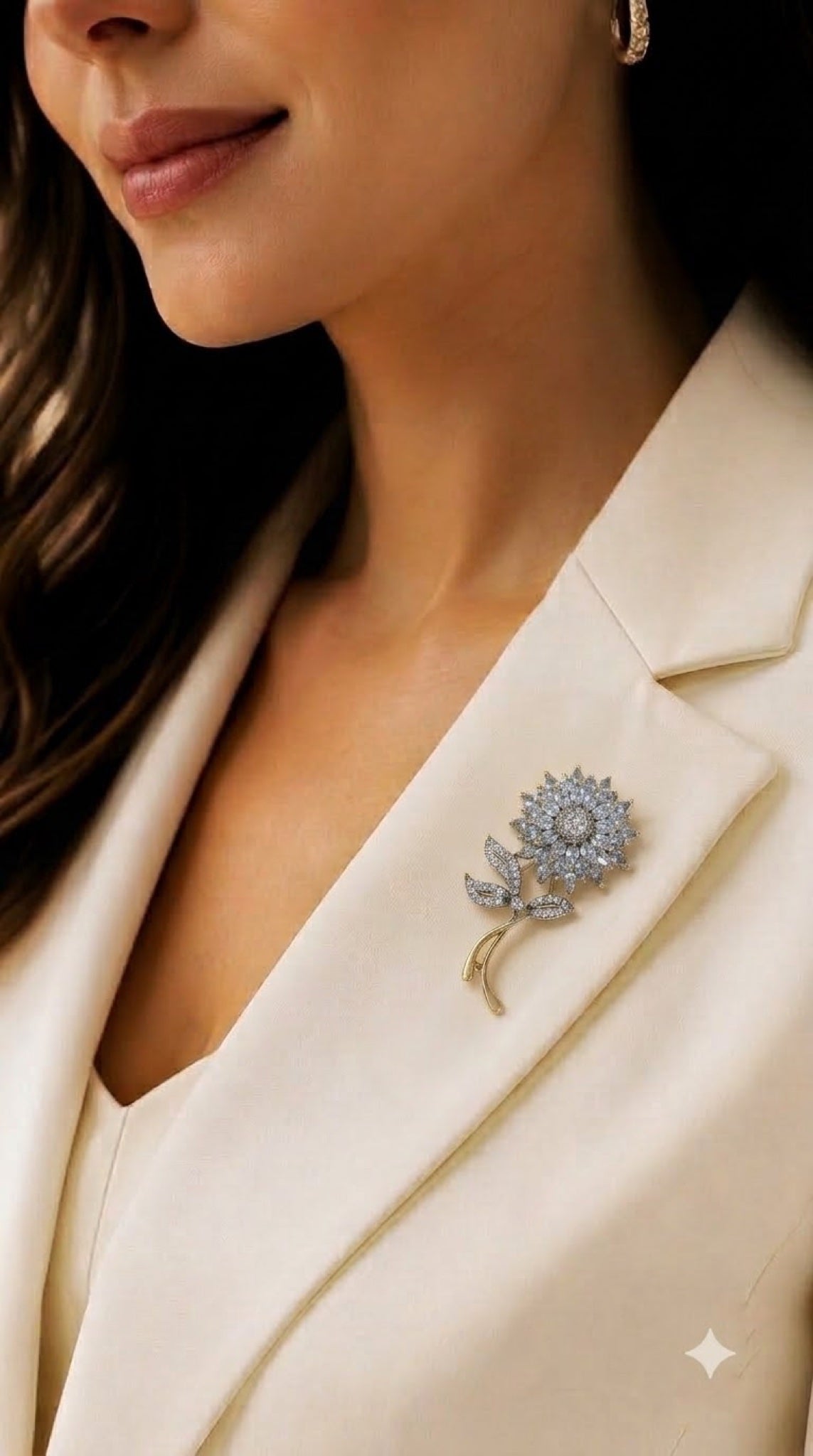 Silver-tone sunflower stem brooch with clear crystals - view 2