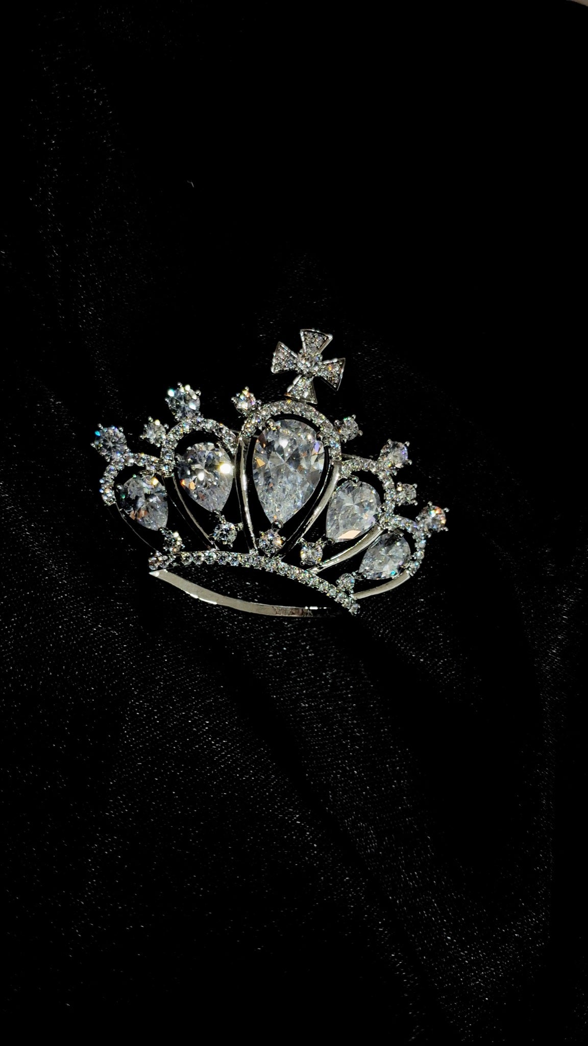 Silver-tone crown brooch with pear-cut clear crystals - view 2
