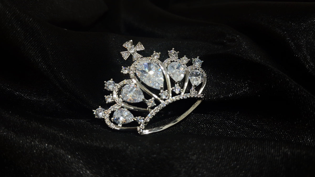 Silver-tone crown brooch with pear-cut clear crystals - view 3