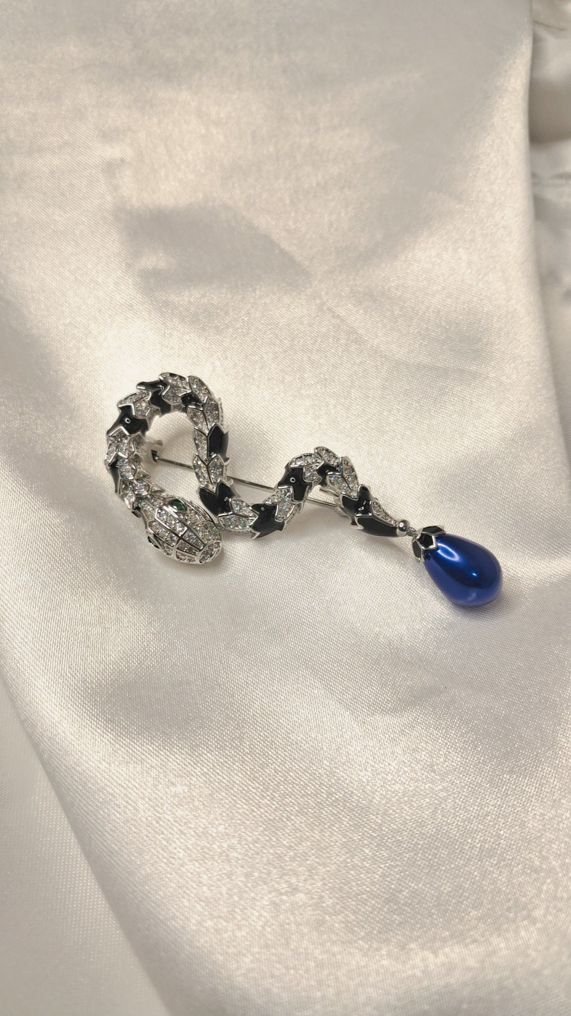 Silver-tone snake brooch with black enamel and blue faux pearl drop - view 2