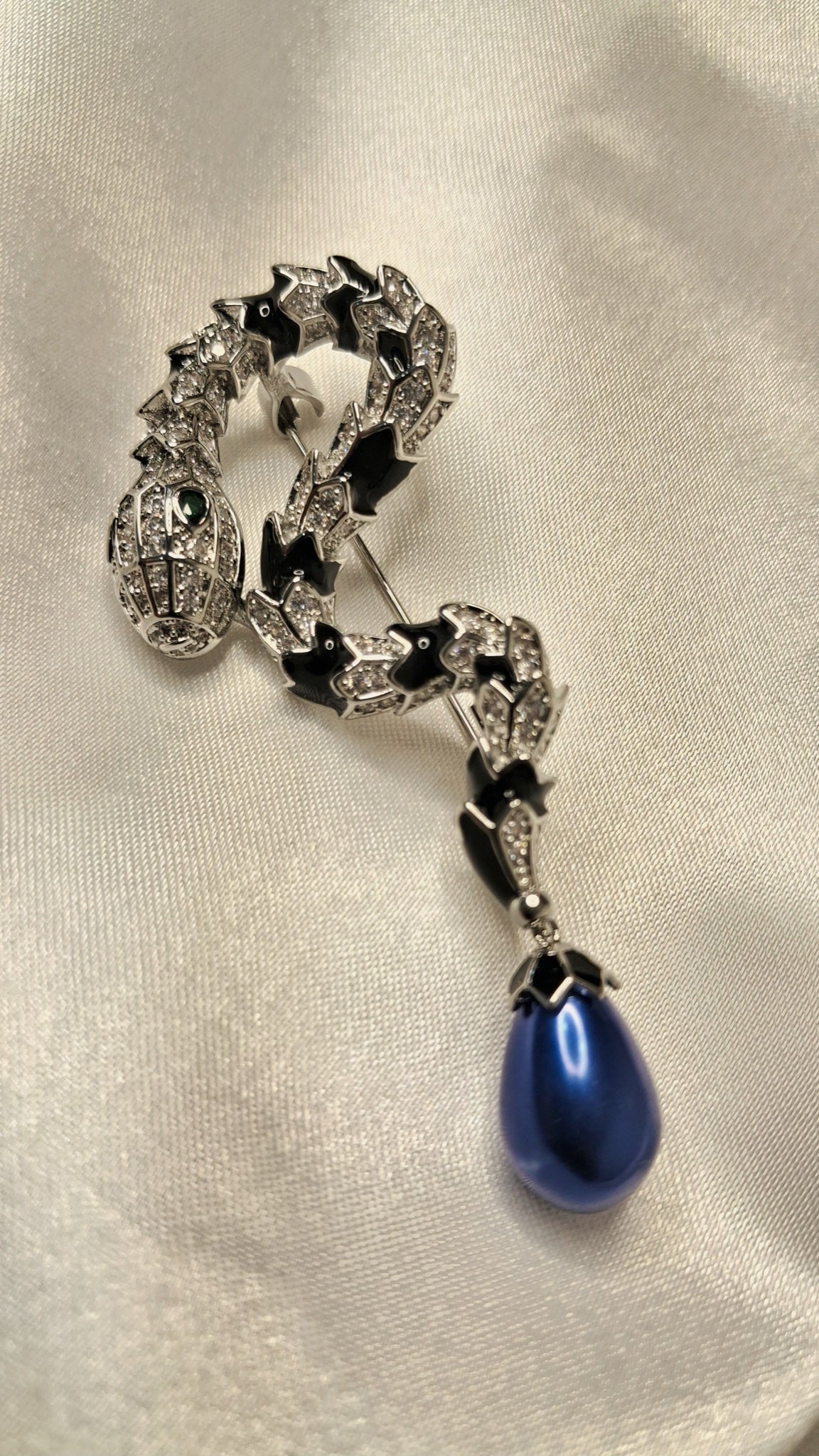 Silver-tone snake brooch with black enamel and blue faux pearl drop - view 3