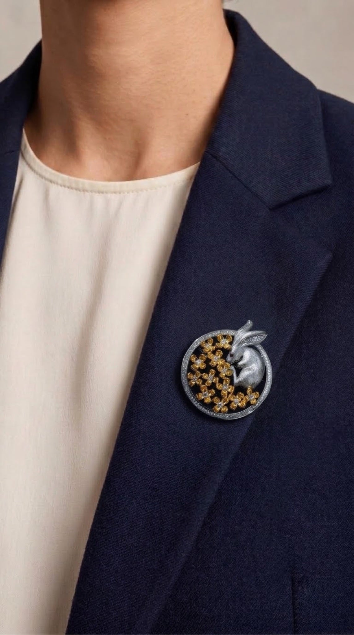 Dual-tone round brooch with silver rabbit and gold flowers on black enamel