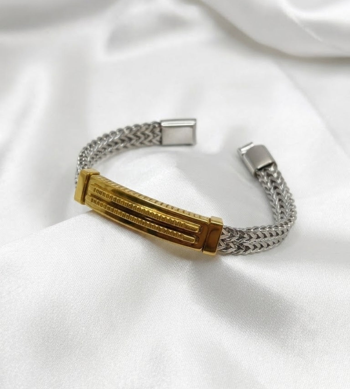Woven wheat chain bracelet with grooved rectangular ID plate - view 2