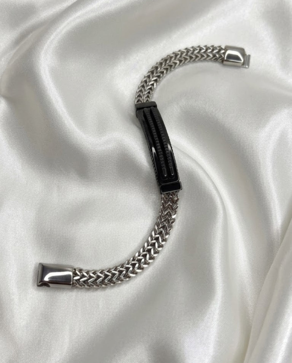 Woven wheat chain bracelet with grooved rectangular ID plate - view 3