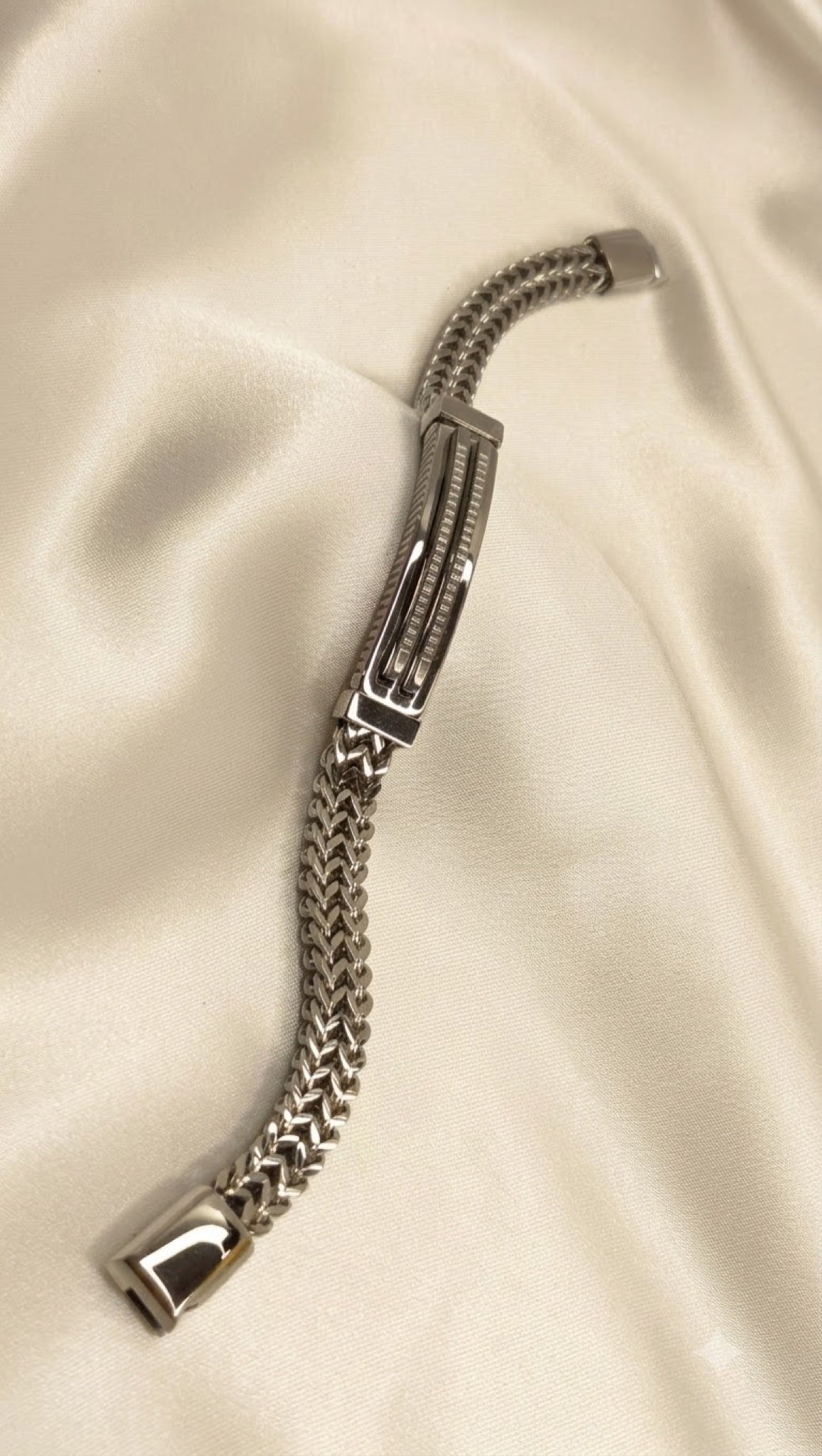 Woven wheat chain bracelet with grooved rectangular ID plate - view 4