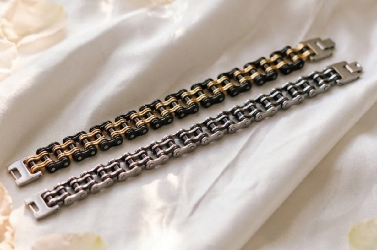 Biker chain link bracelet in dual-tone black with gold-tone and silver-tone plates