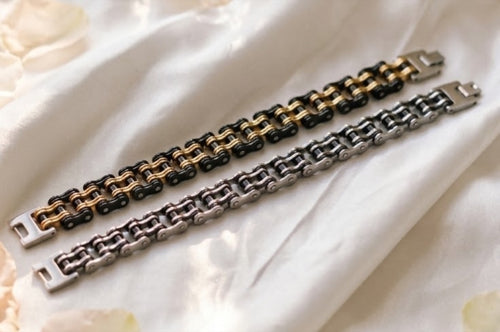 Biker chain link bracelet in dual-tone black with gold-tone and silver-tone plates