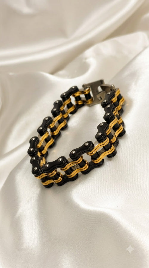 Biker chain link bracelet in dual-tone black with gold-tone and silver-tone plates - view 2