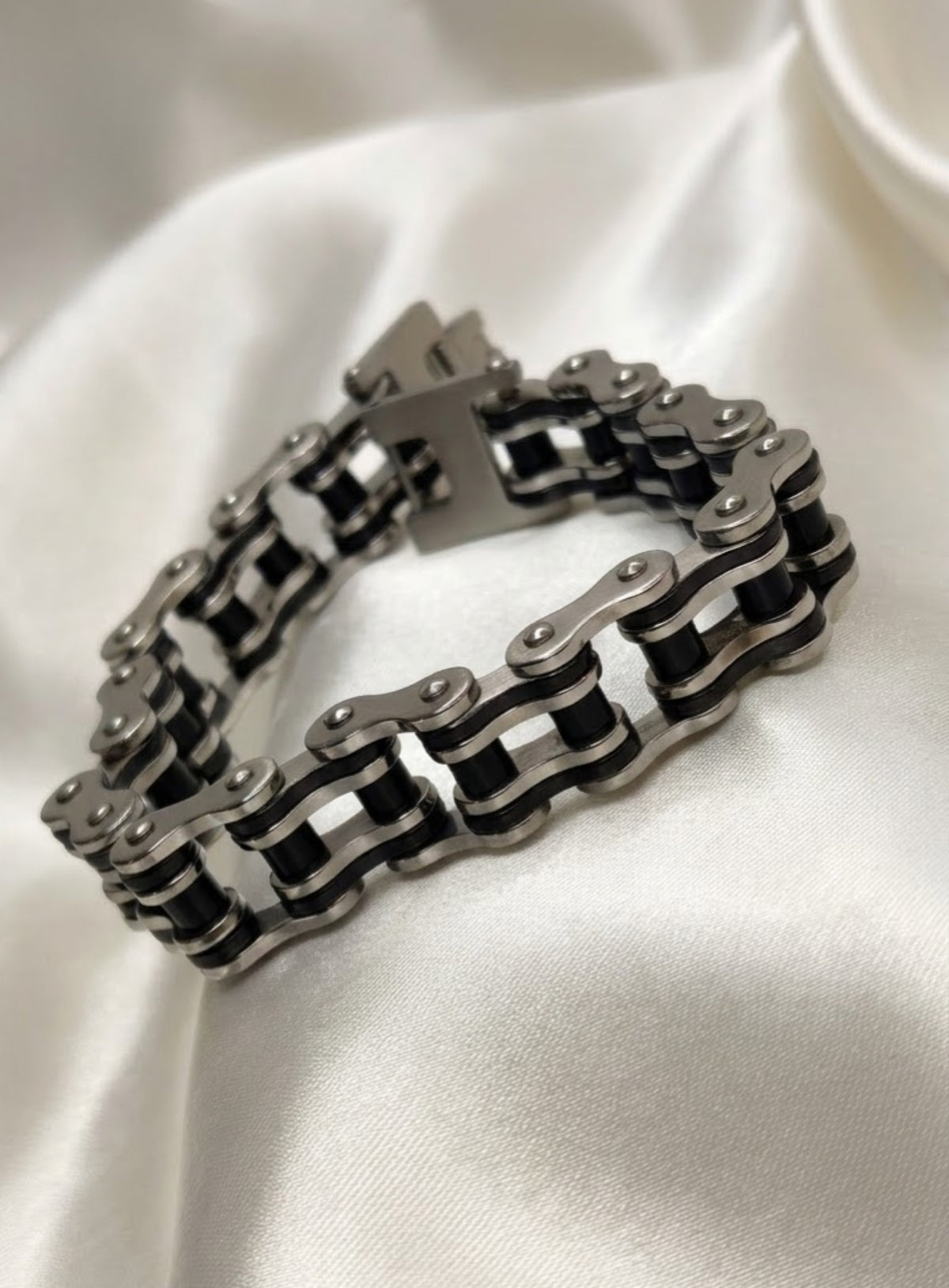 Biker chain link bracelet in dual-tone black with gold-tone and silver-tone plates - view 3