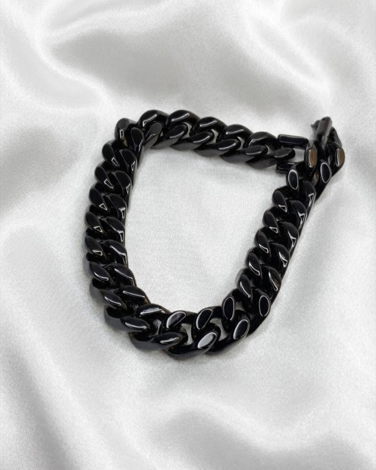 Miami Cuban box clasp bracelet in silver-tone and black-finish on white satin - view 3