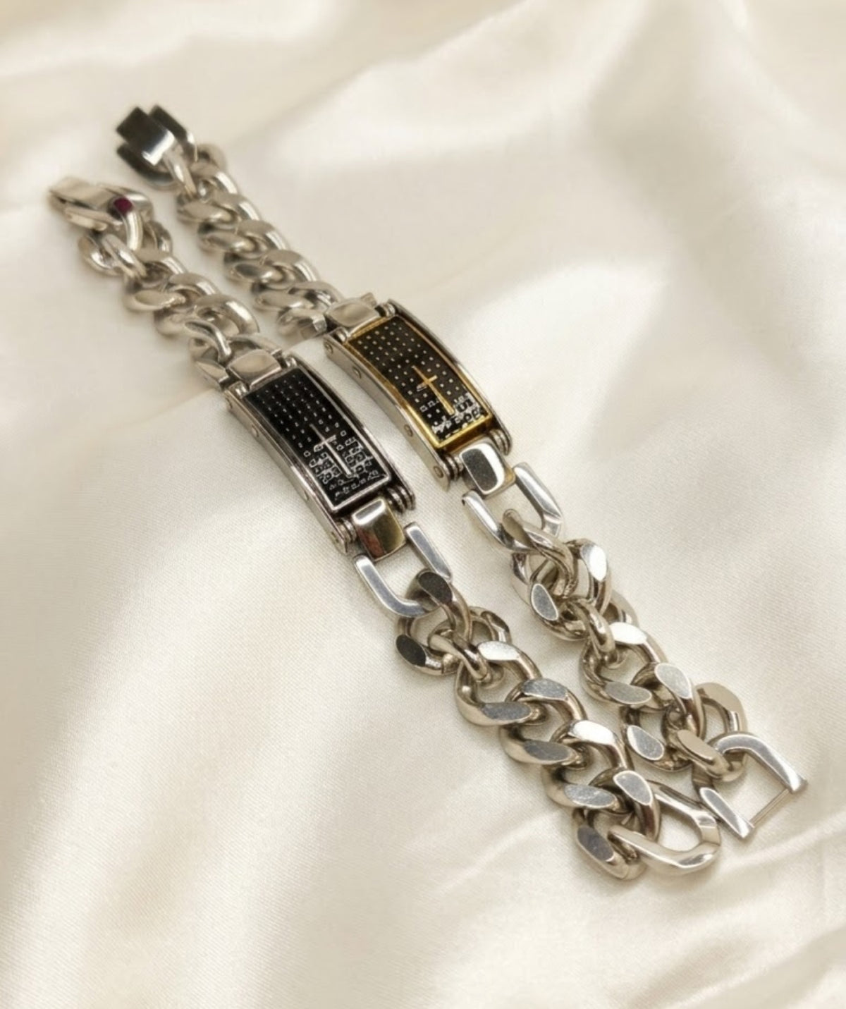Curb link ID bracelet with black-finish cross plate on silver-tone chain