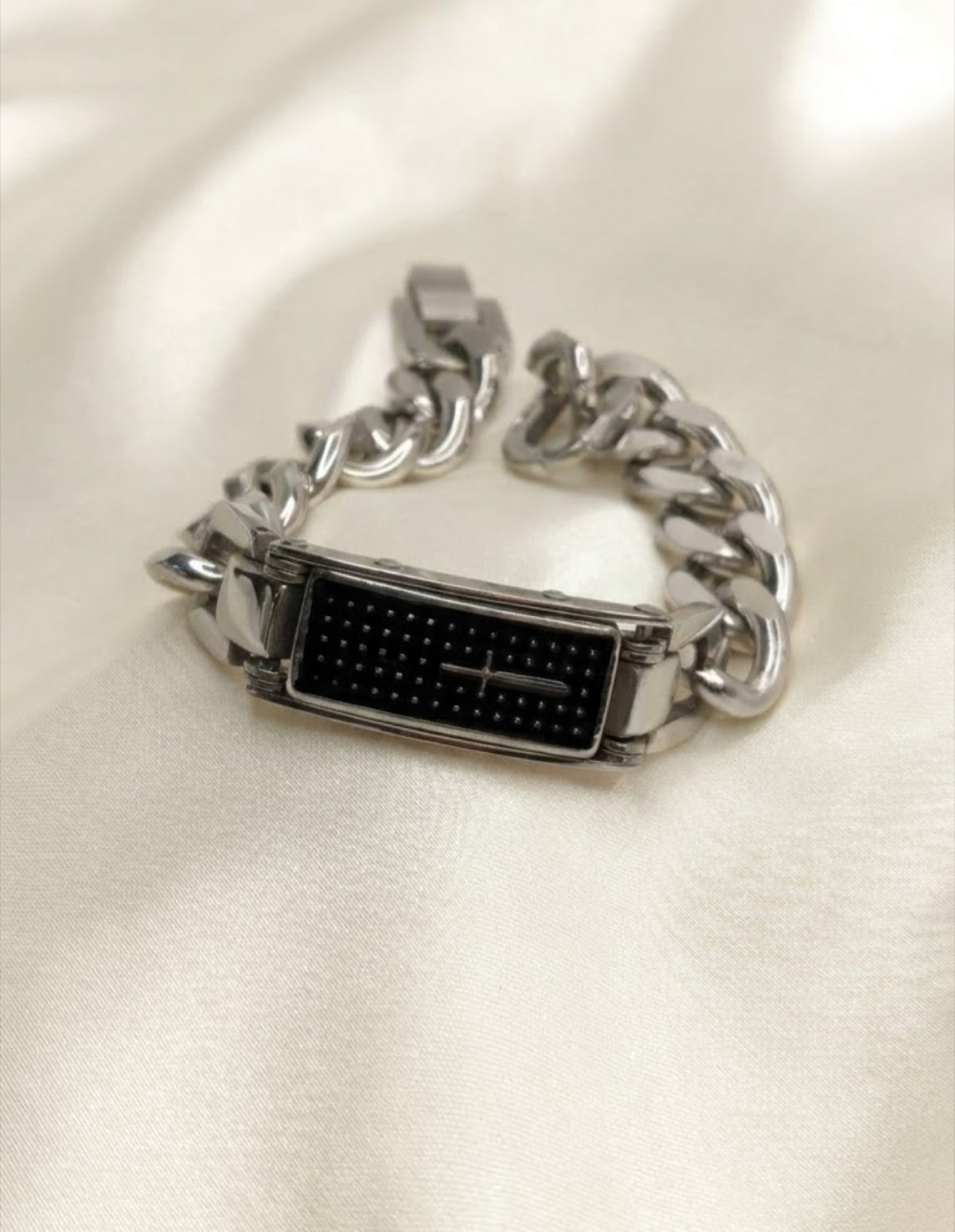 Curb link ID bracelet with black-finish cross plate on silver-tone chain - view 2