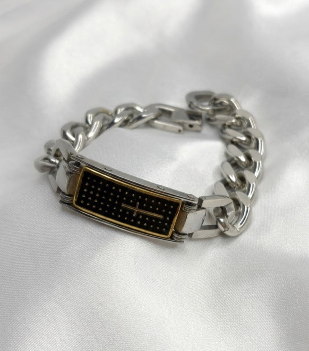 Curb link ID bracelet with black-finish cross plate on silver-tone chain - view 3