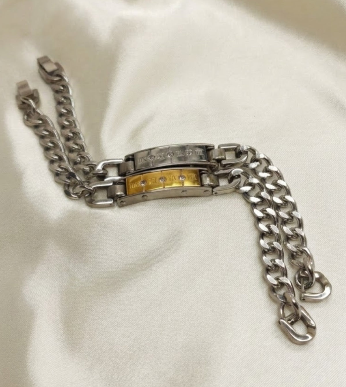 Curb link ID bracelet with Roman numeral plate and stone accents