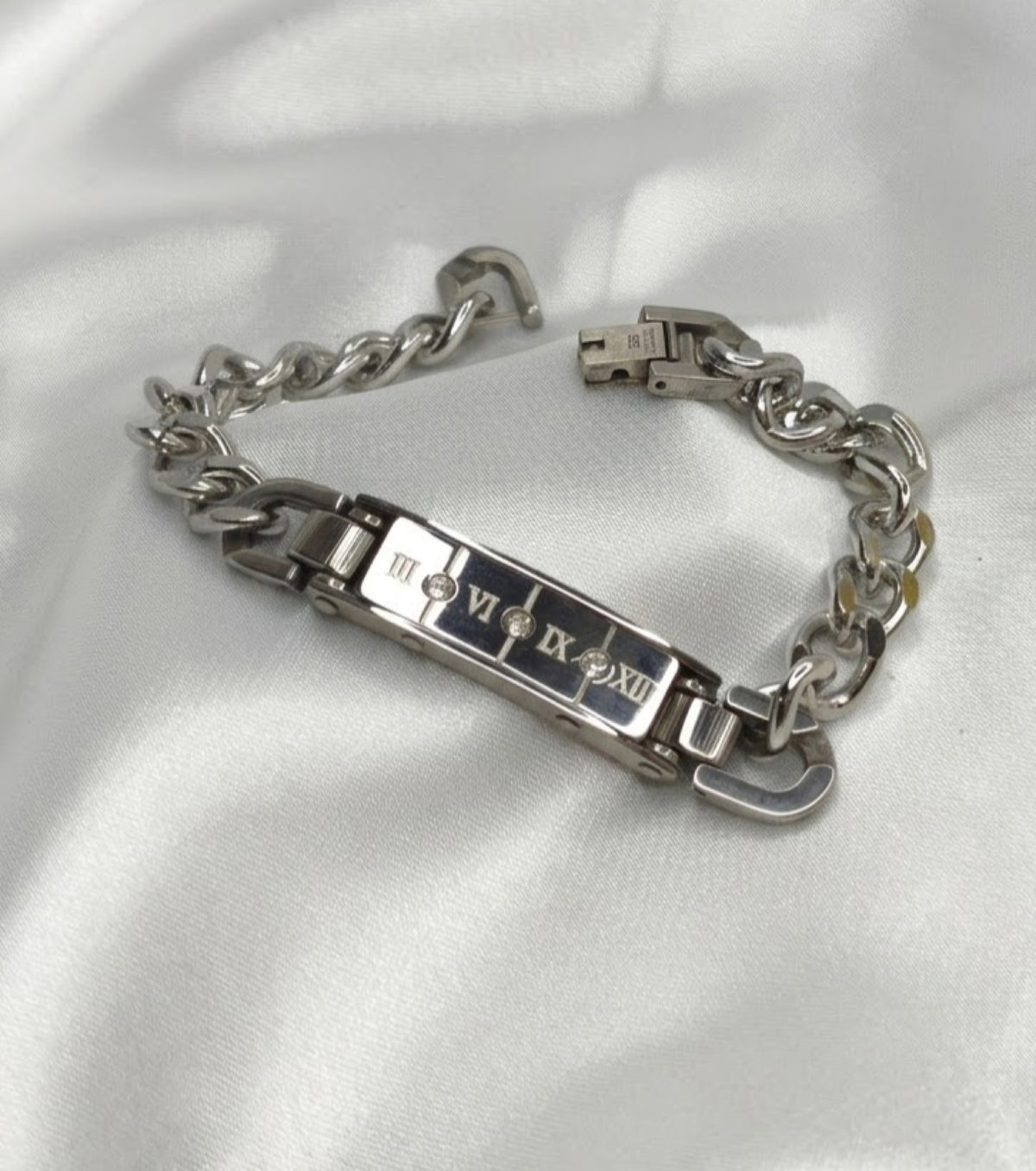 Curb link ID bracelet with Roman numeral plate and stone accents - view 2