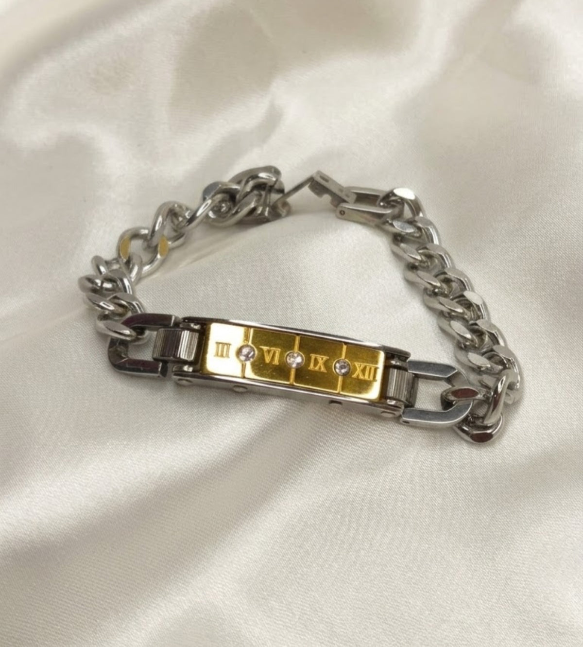 Curb link ID bracelet with Roman numeral plate and stone accents - view 3