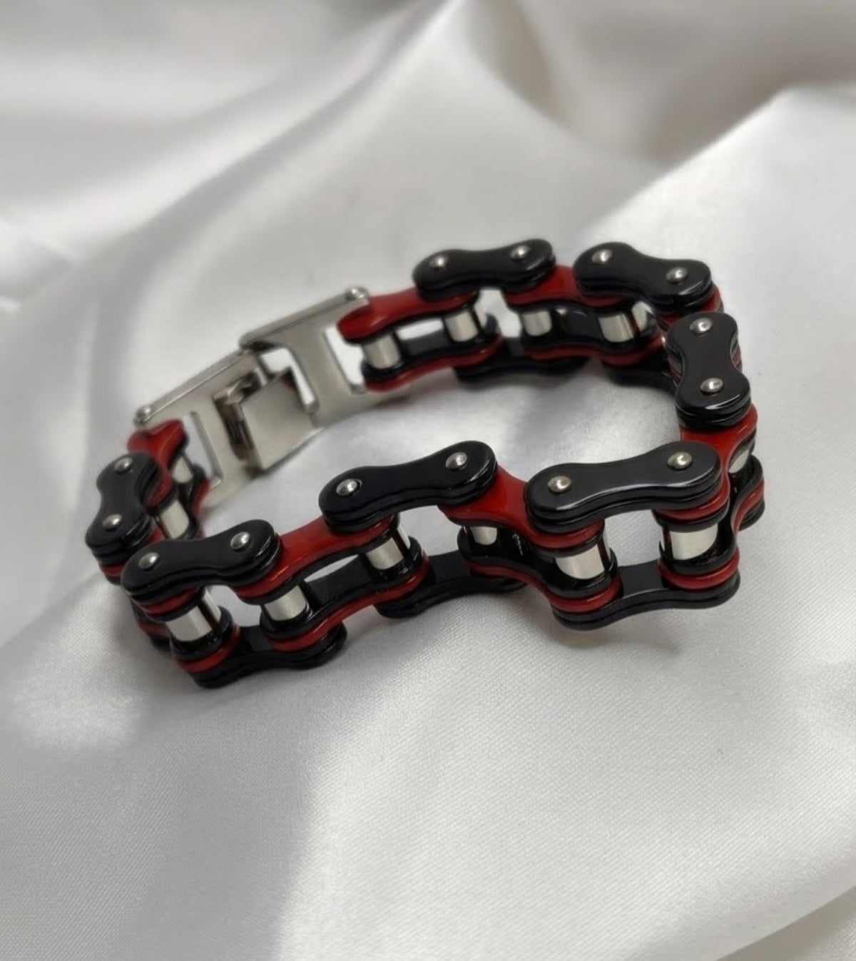 Black-finish and red bike chain link bracelet with silver-tone fold-over clasp - view 2